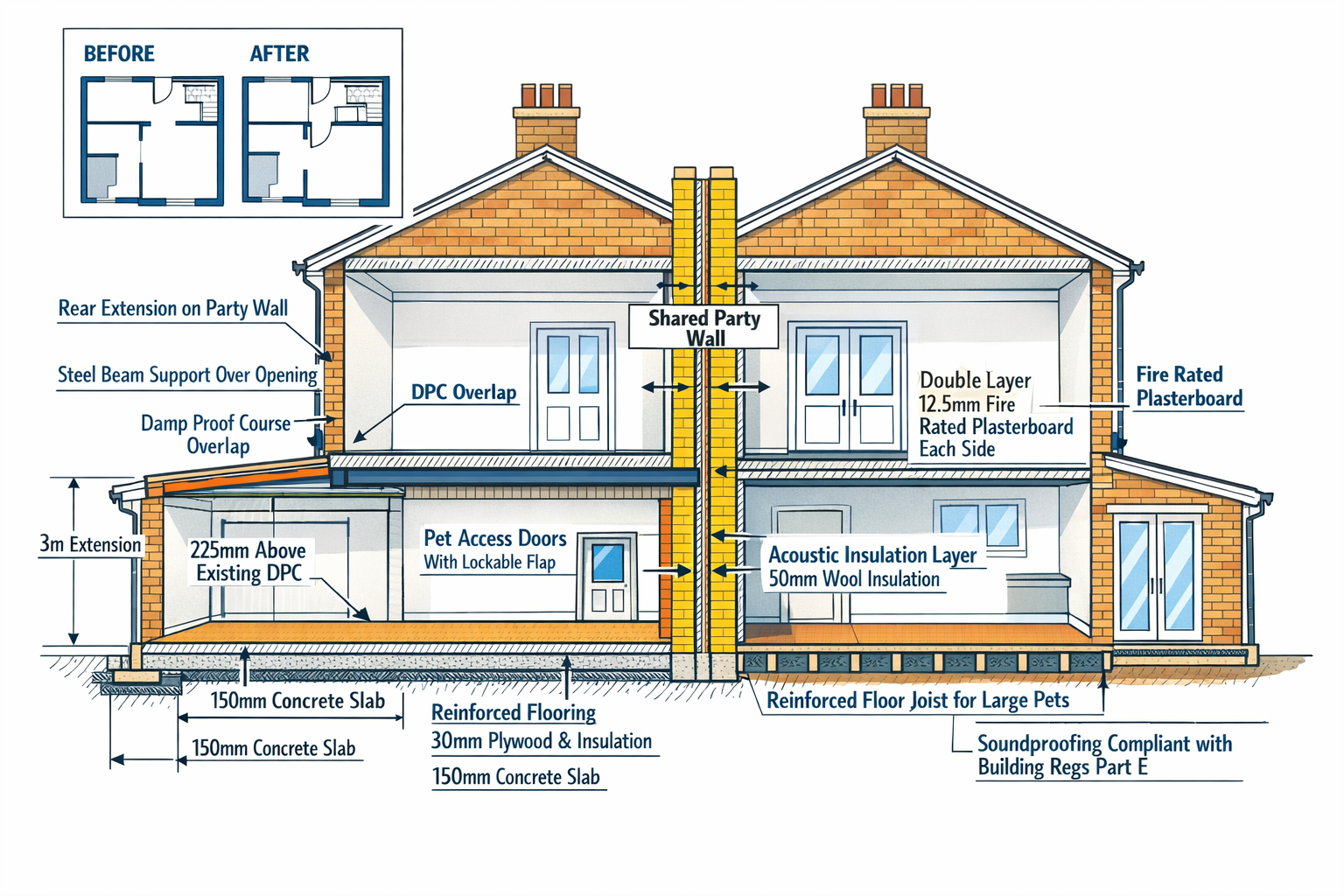 () cross-section architectural illustration of terraced house showing pet-friendly modification zones and party wall
