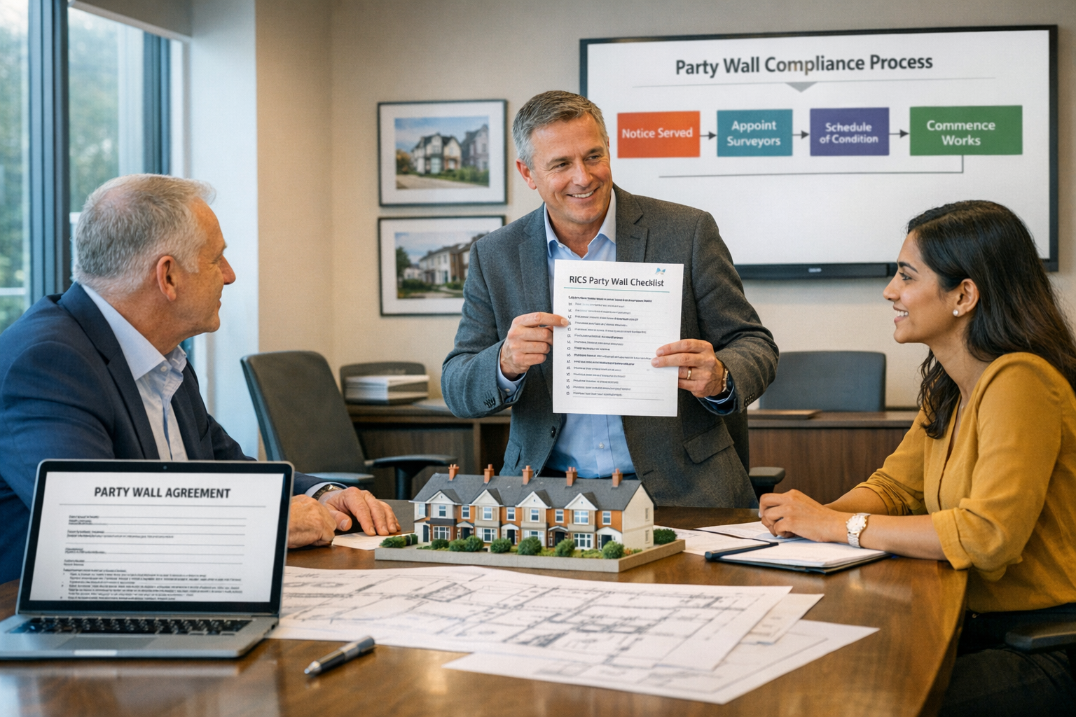 () professional meeting scene photograph showing party wall surveyor consultation in modern office setting. Wide-angle view