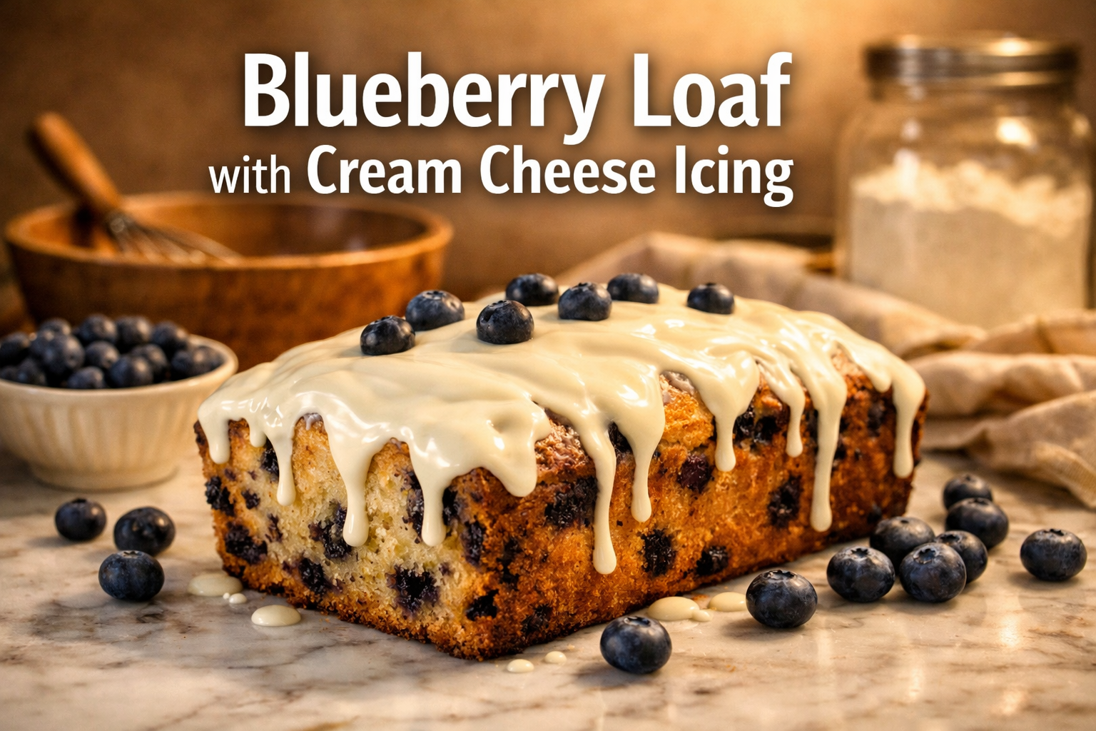 Professional landscape hero image (1536x1024) featuring bold text overlay 'Blueberry Loaf with Cream Cheese Icing' in extra large 72pt white