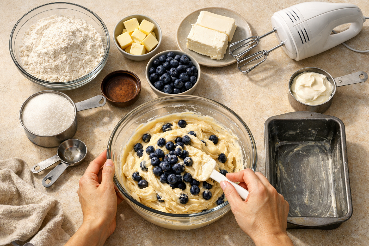 Detailed step-by-step baking process image showing ingredients laid out on clean kitchen counter: flour, sugar, eggs, fresh blueberries, cre