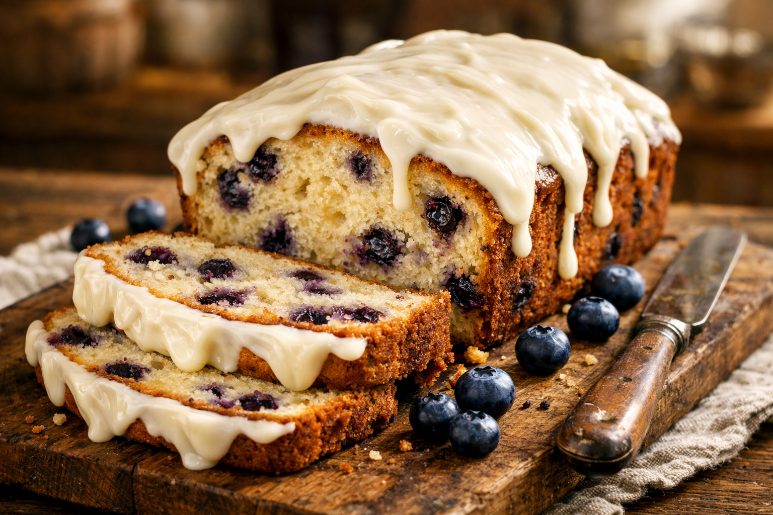 Close-up hero shot of sliced blueberry loaf with thick cream cheese icing on rustic wooden cutting board. Perfect crumb texture visible with