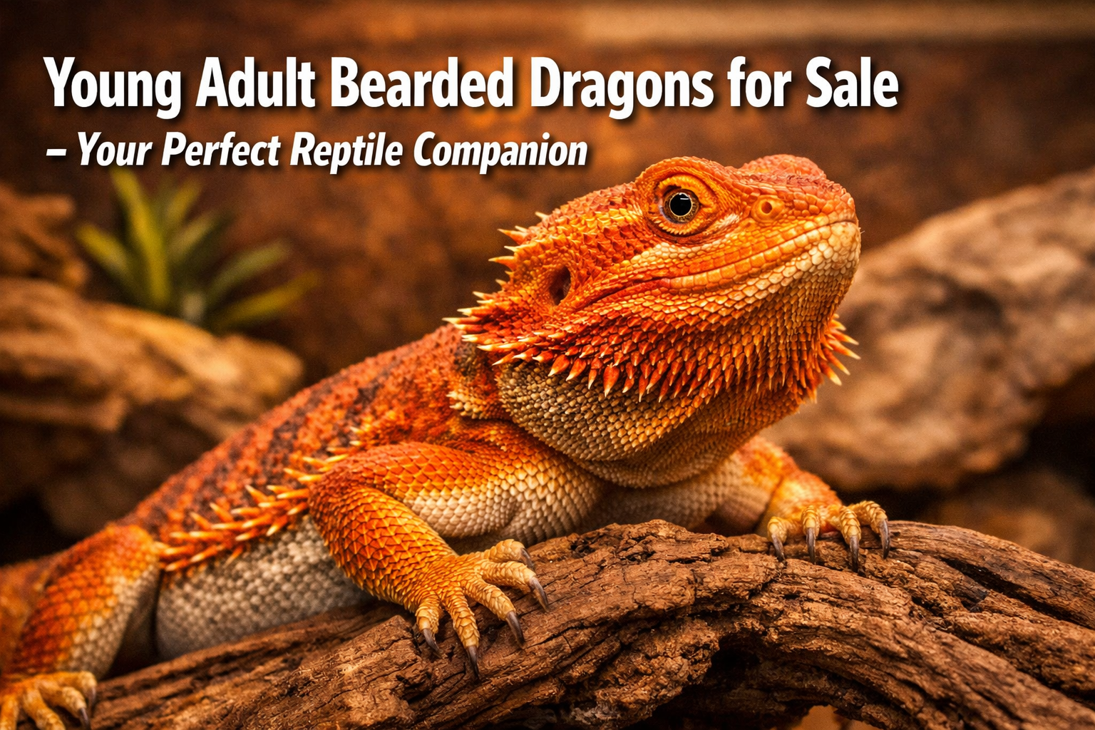 Professional landscape format (1536x1024) hero image featuring bold text overlay 'Young Adult Bearded Dragons for Sale - Your Perfect Reptil