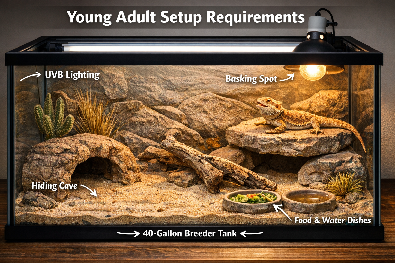 Landscape format (1536x1024) image showing proper young adult bearded dragon habitat setup with 40-gallon breeder tank, UVB lighting, baskin