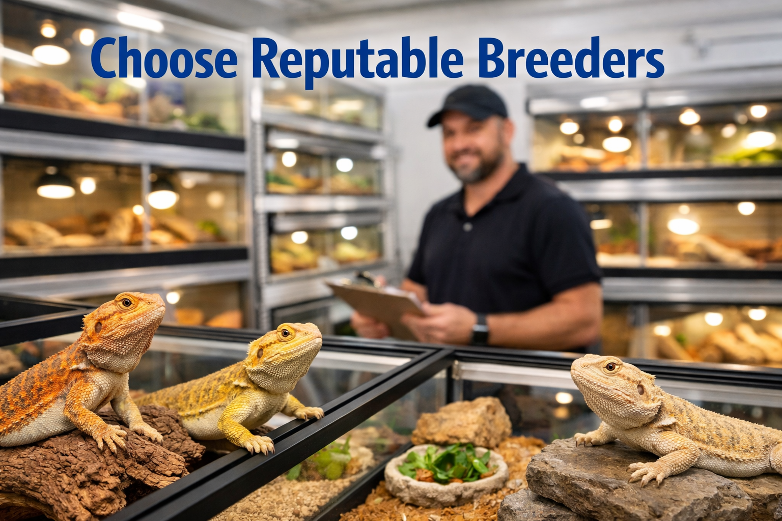 Professional landscape format (1536x1024) image featuring reputable bearded dragon breeder facility with clean breeding enclosures, healthy 