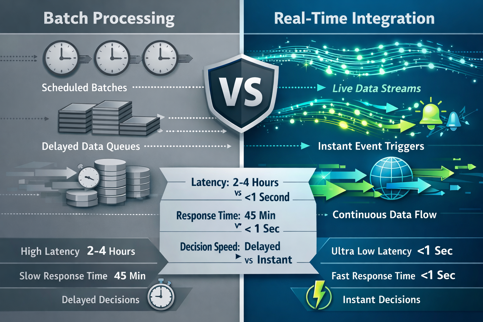 () split-screen comparison visualization showing batch processing versus real-time data integration. Left side displays