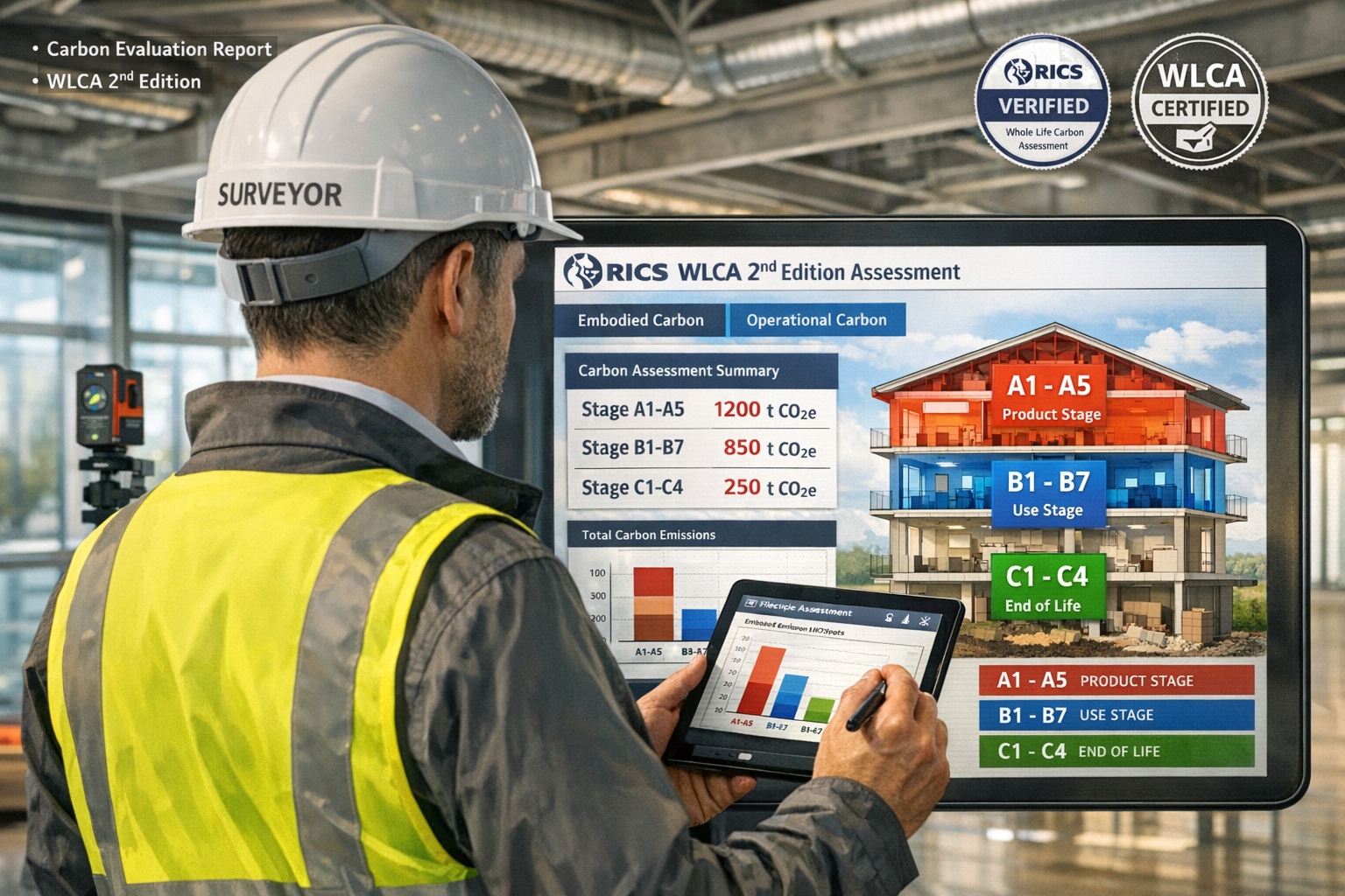 Detailed () image showing professional chartered surveyor in hard hat conducting building inspection with digital tablet