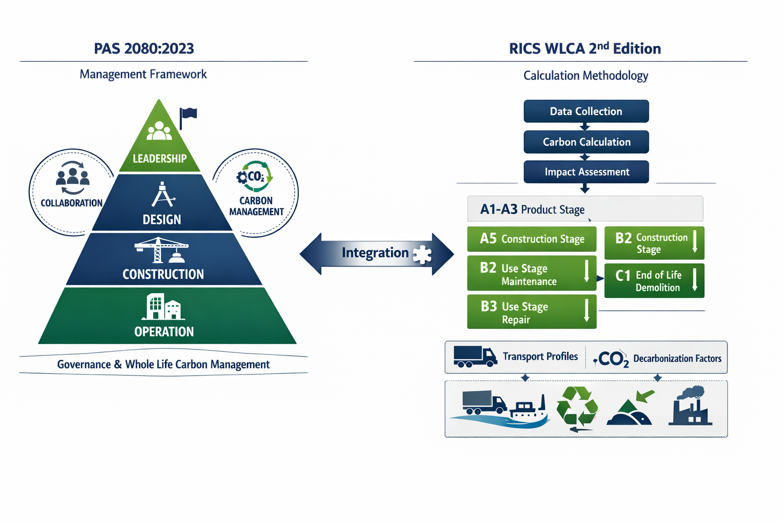 Detailed () infographic illustration comparing PAS 2080:2023 management framework on left side with RICS WLCA 2nd edition