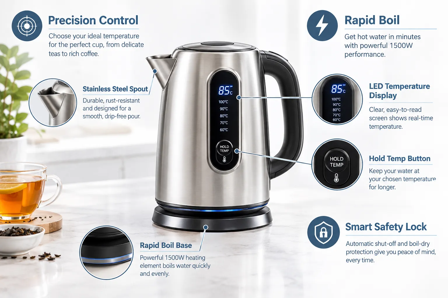 Best Ninja Kettle in 2027 Labelled product diagram of a variable temperature electric kettle on a bright kitchen counter, callout lines pointing to LED temperature display, Hold Temp button, stainless steel spout, and rapid boil base, panel headings reading Precision Control, Rapid Boil, Smart Safety Lock, clean white background, soft studio lighting, editorial infographic style. What Makes Ninja Kettles Different From Regular Kettles
