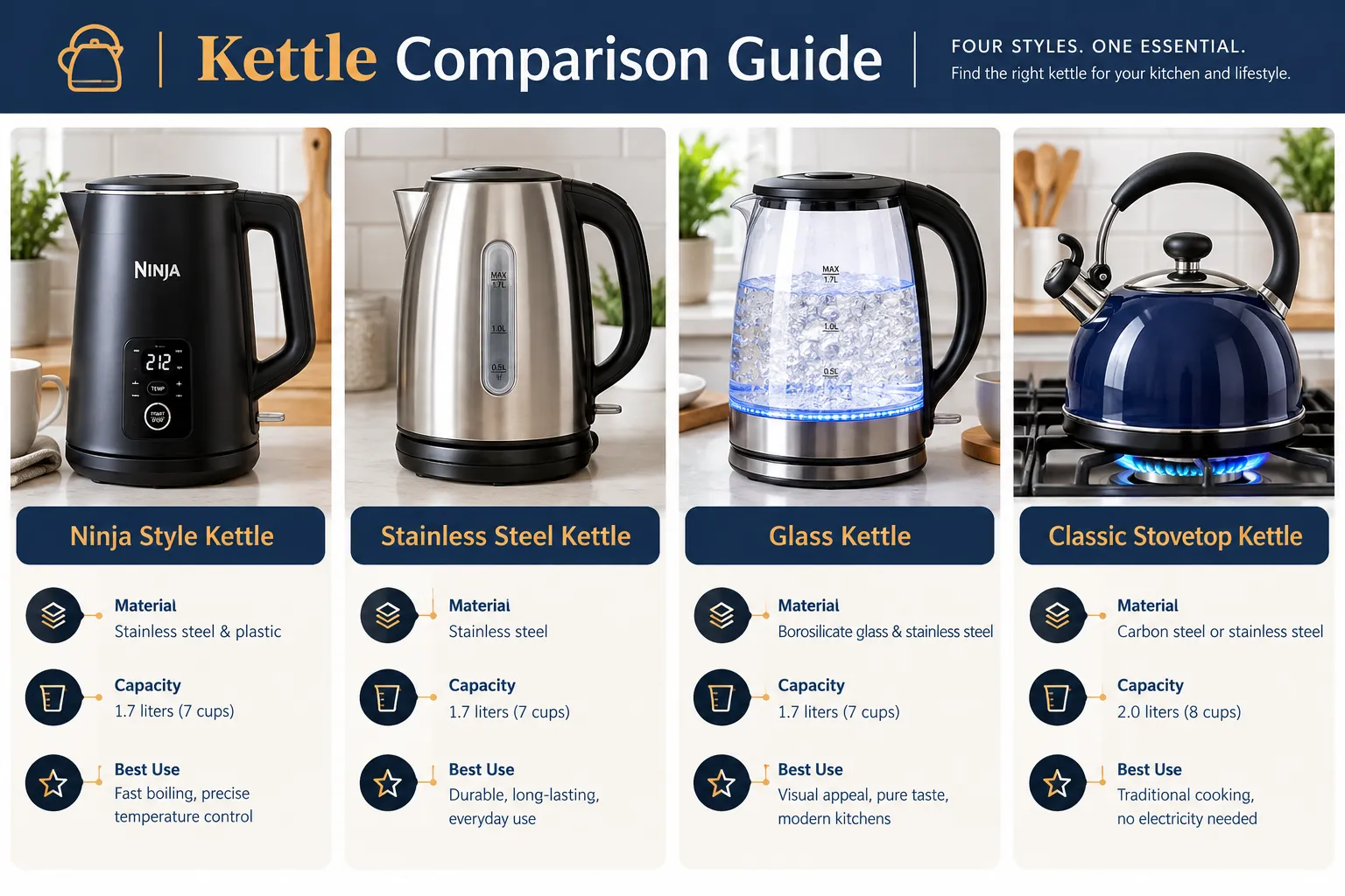 Best Ninja Kettle in 2027 Four panel labelled comparison guide showing four kettle styles side by side: ninja style black kettle, stainless steel kettle, glass kettle, classic stovetop kettle, each panel with a short heading and three bullet labels naming material, capacity, and best use, thin callout lines, bright daylight studio photography, navy and amber palette. Where Can You Buy Ninja Kettles Right Now