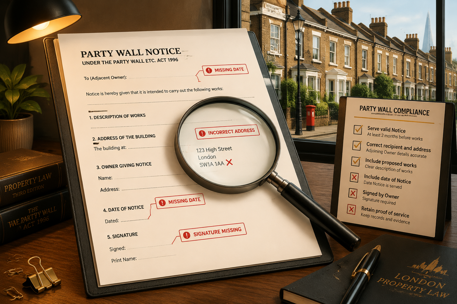 Detailed () illustration showing a magnifying glass examining a formal Party Wall Notice document on a desk, with red