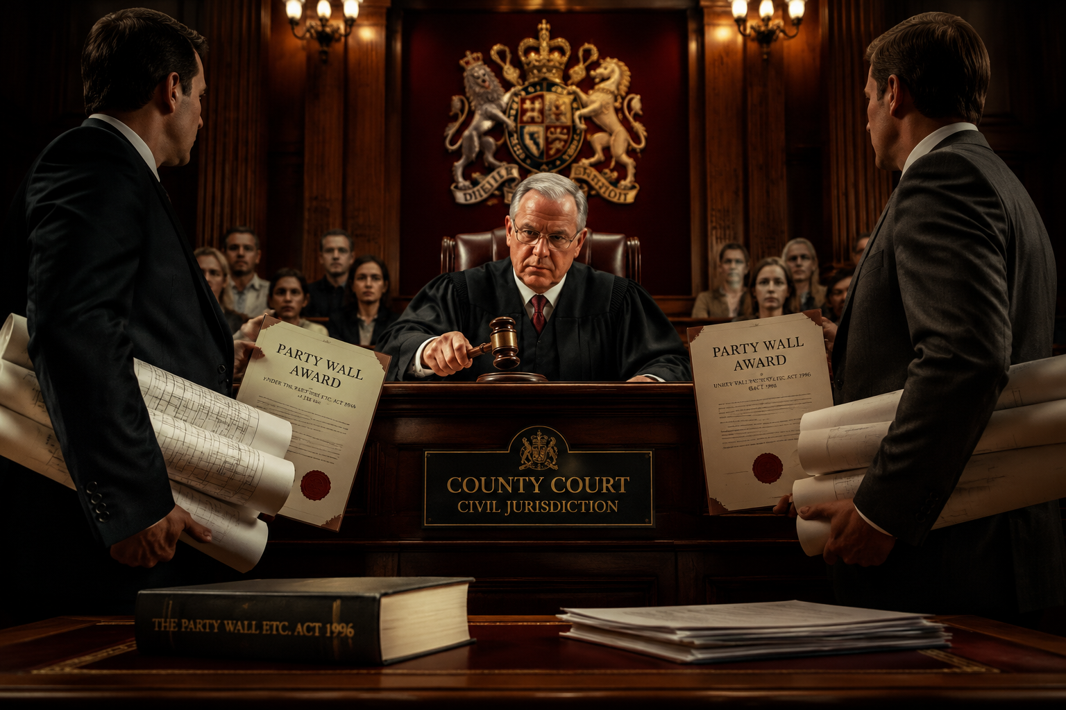Detailed () courtroom-style scene viewed from a low angle: a UK county court judge's bench with a gavel mid-strike, two