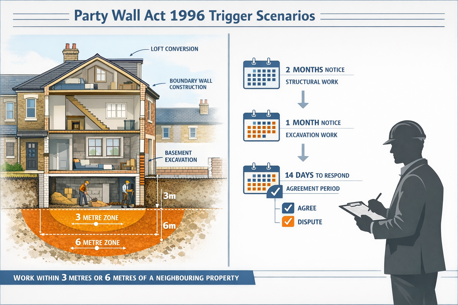 Landscape format (1536x1024) detailed infographic showing Party Wall Act 1996 trigger scenarios with architectural cross-section illustratio