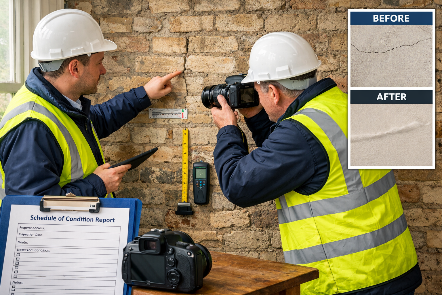 Landscape format (1536x1024) professional photograph showing two chartered surveyors conducting Schedule of Condition inspection in London t