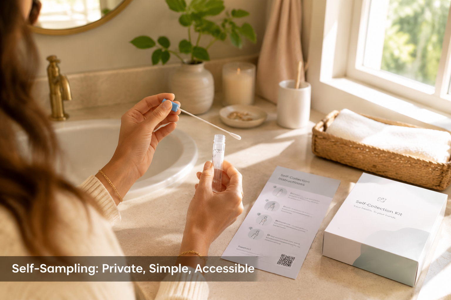 Detailed () showing a calm, private, well-lit modern bathroom or bedroom setting with a woman's hands (no face visible)