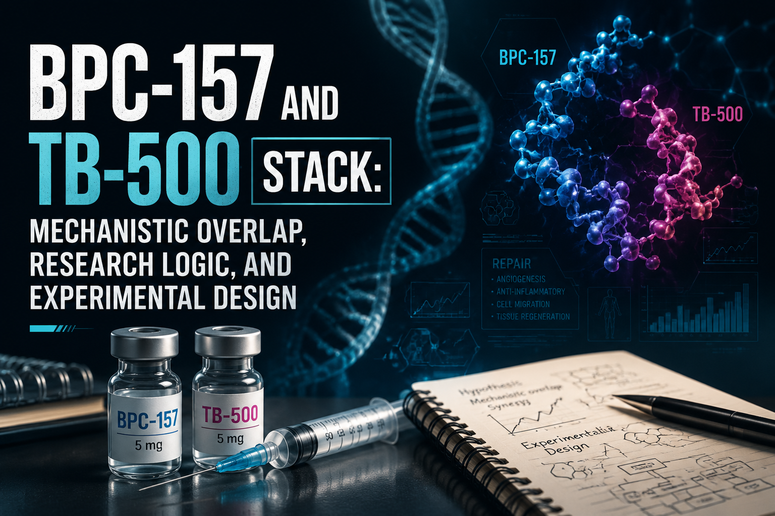 Professional landscape hero image () with : "BPC-157 and TB-500 Stack: Mechanistic Overlap, Research Logic, and Experimental