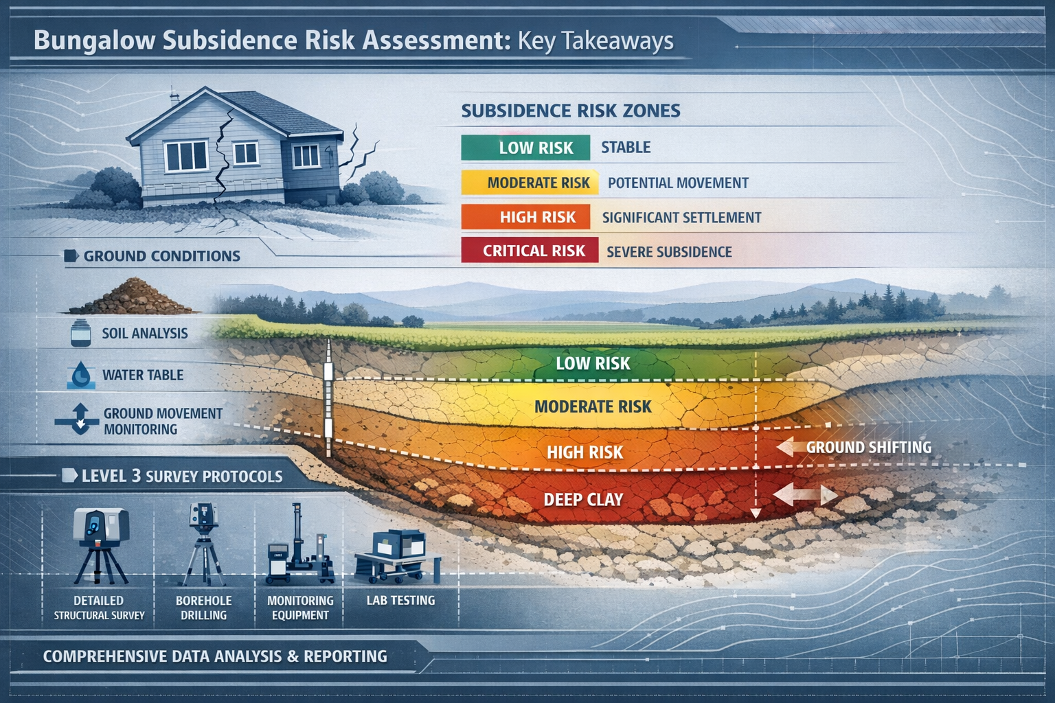 Comprehensive visual summary infographic illustrating key takeaways of bungalow subsidence risk assessment, featuring a