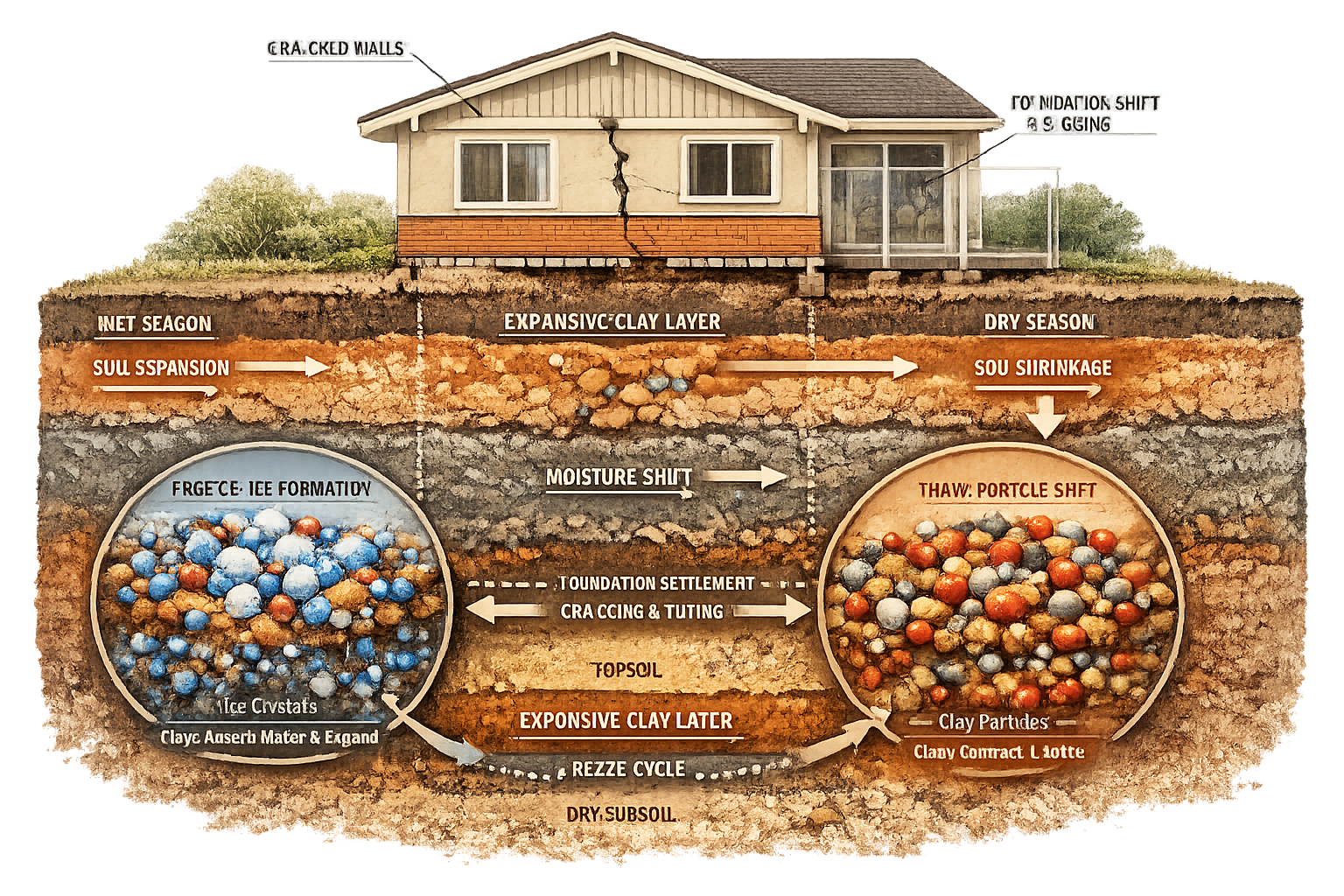 Detailed geological visualization depicting clay soil behavior and bungalow vulnerability patterns, featuring a cutaway