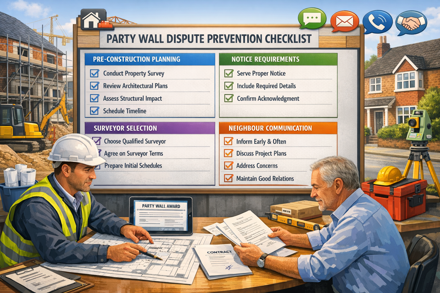 Detailed landscape format (1536x1024) comprehensive party wall dispute prevention checklist visualization featuring large interactive checkl