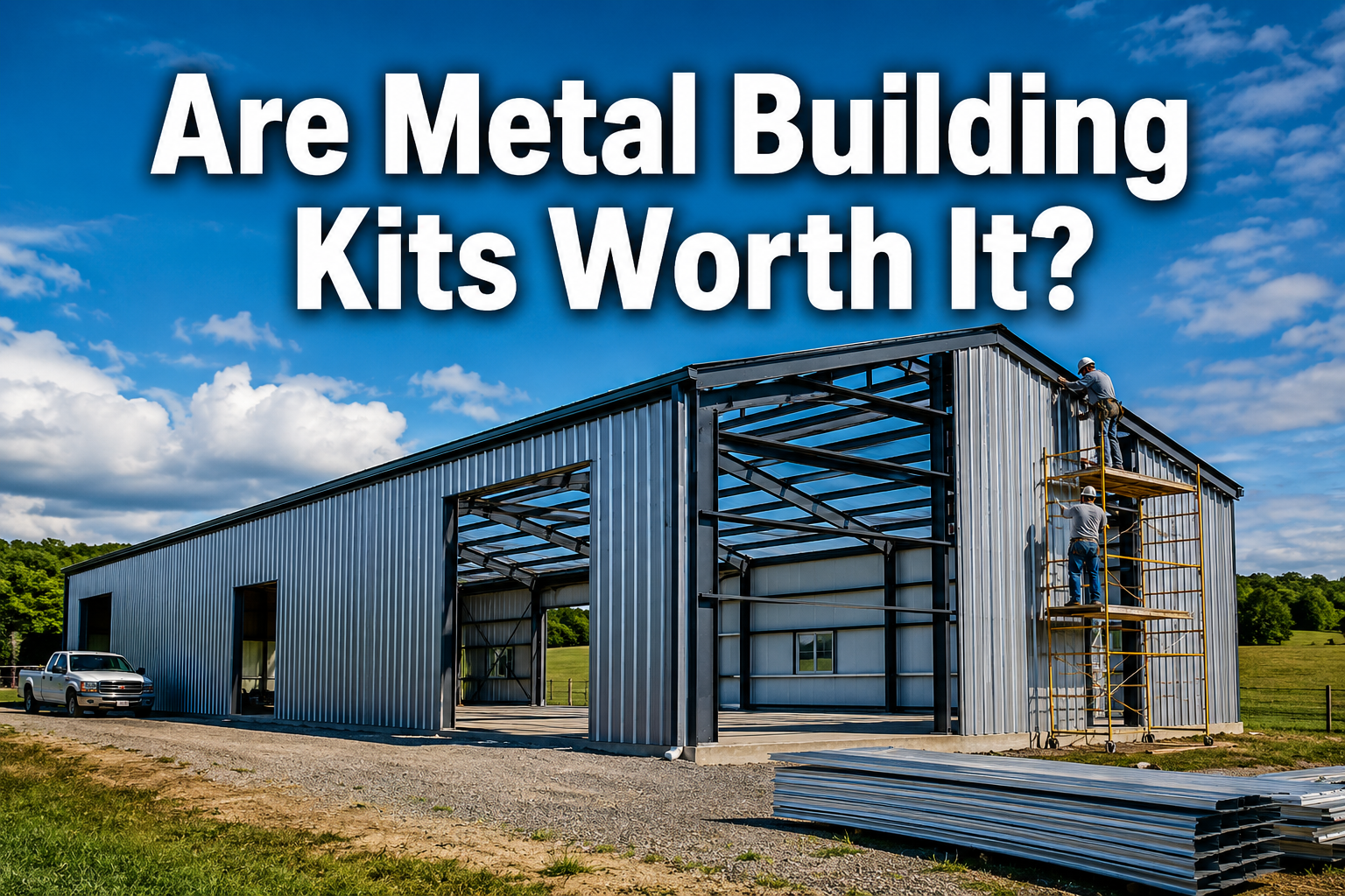 Professional () hero image with : 'Are Metal Building Kits Worth It?' in extra large white with dark drop , centered