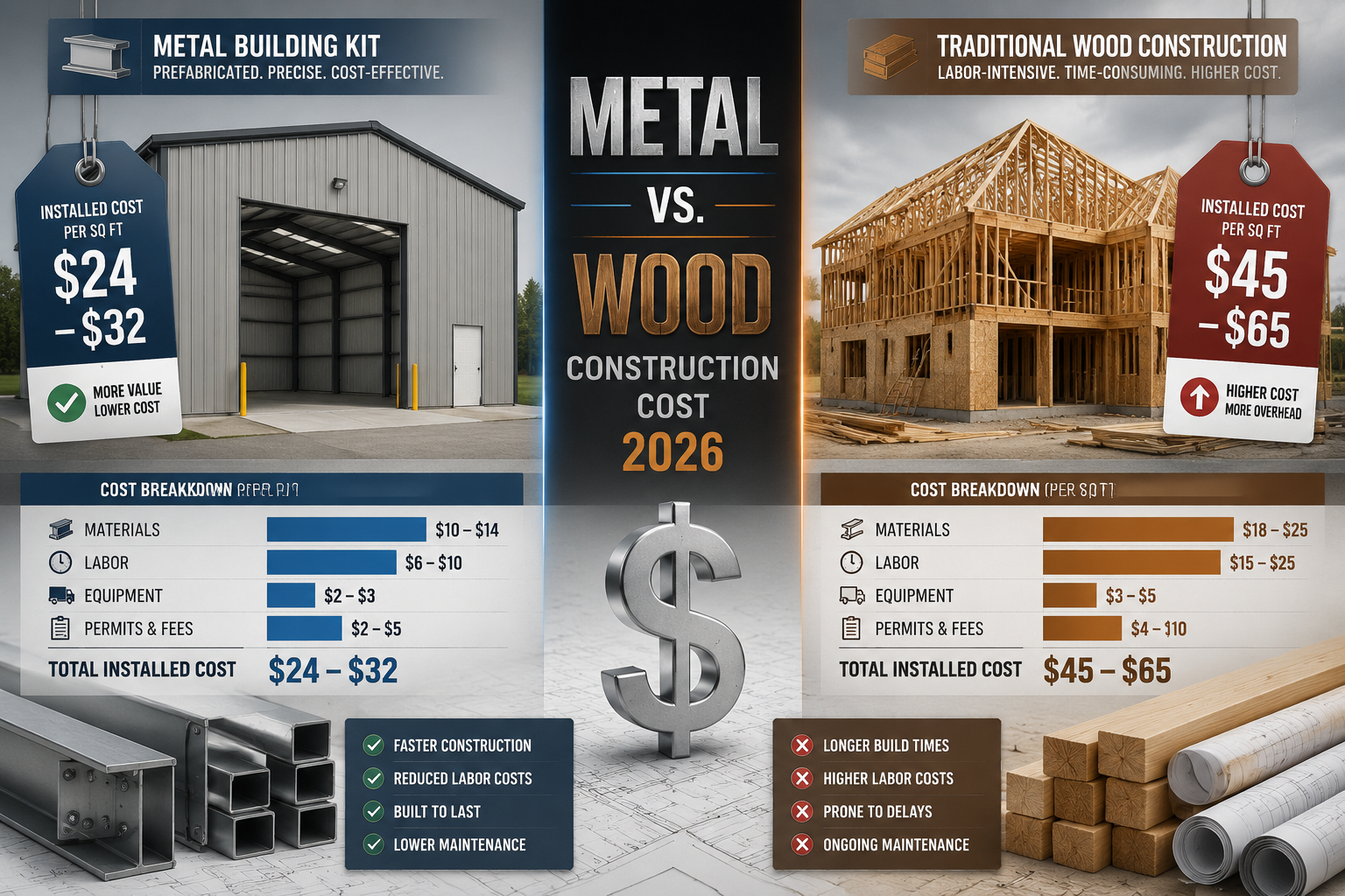 Detailed () editorial infographic-style image showing a side-by-side cost comparison between a metal building kit and