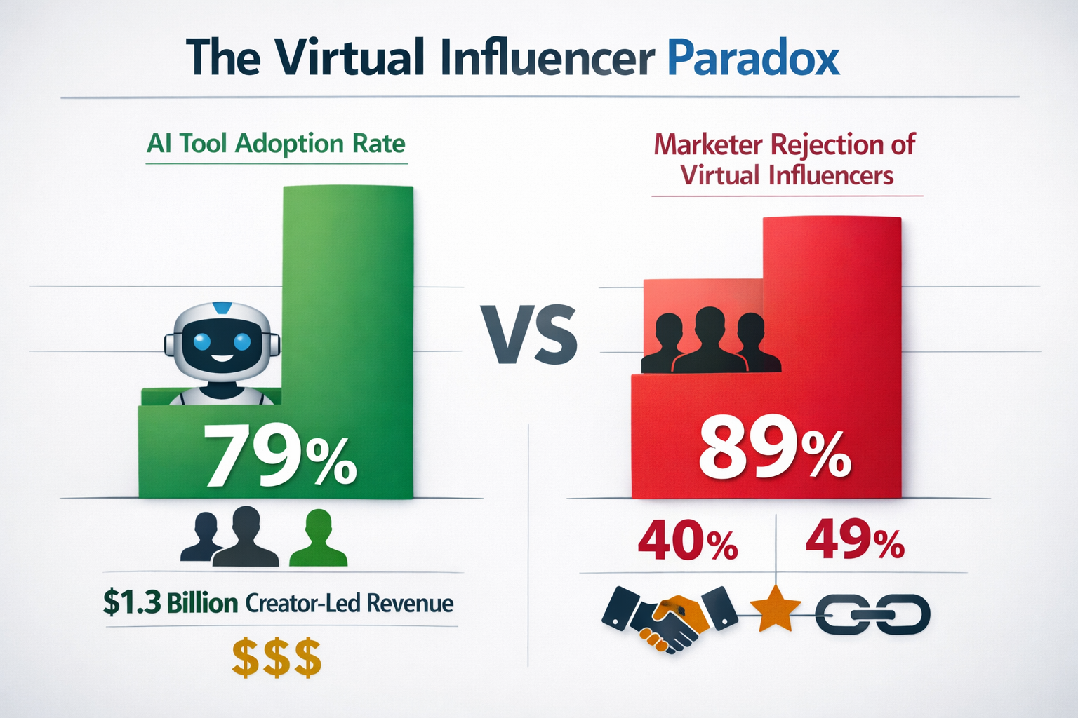 Detailed landscape format (1536x1024) infographic showing virtual influencer adoption statistics with bold headline 'The Virtual Influencer
