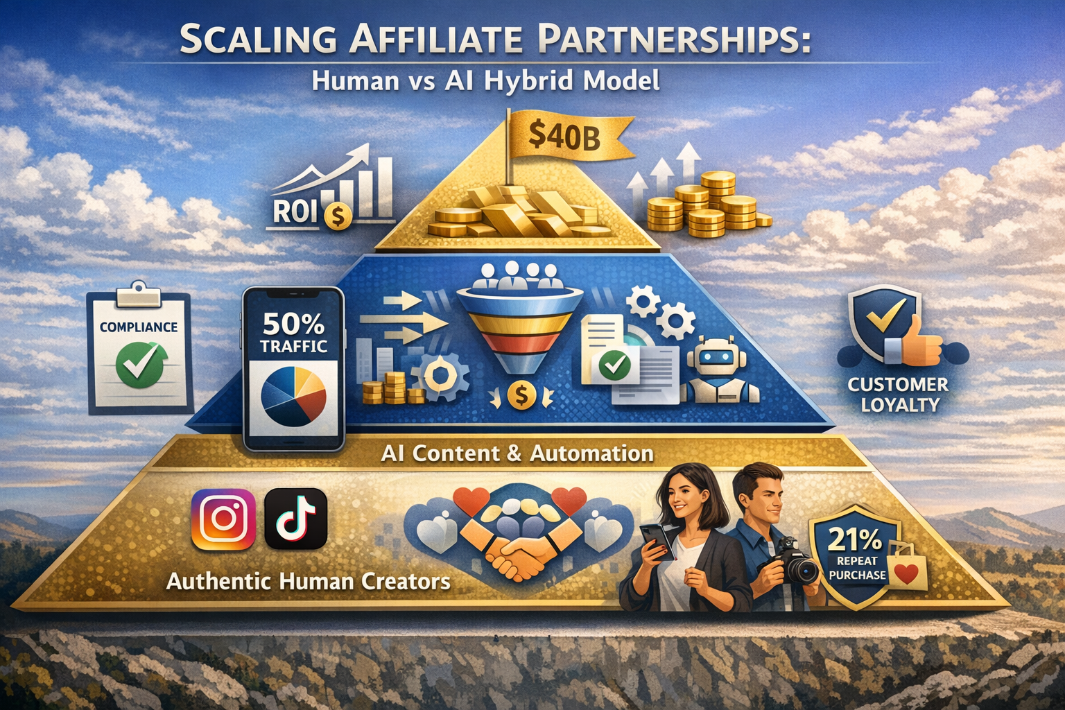 Detailed landscape format (1536x1024) strategic roadmap illustration titled 'Scaling Affiliate Partnerships: Human vs AI Hybrid Model' showi