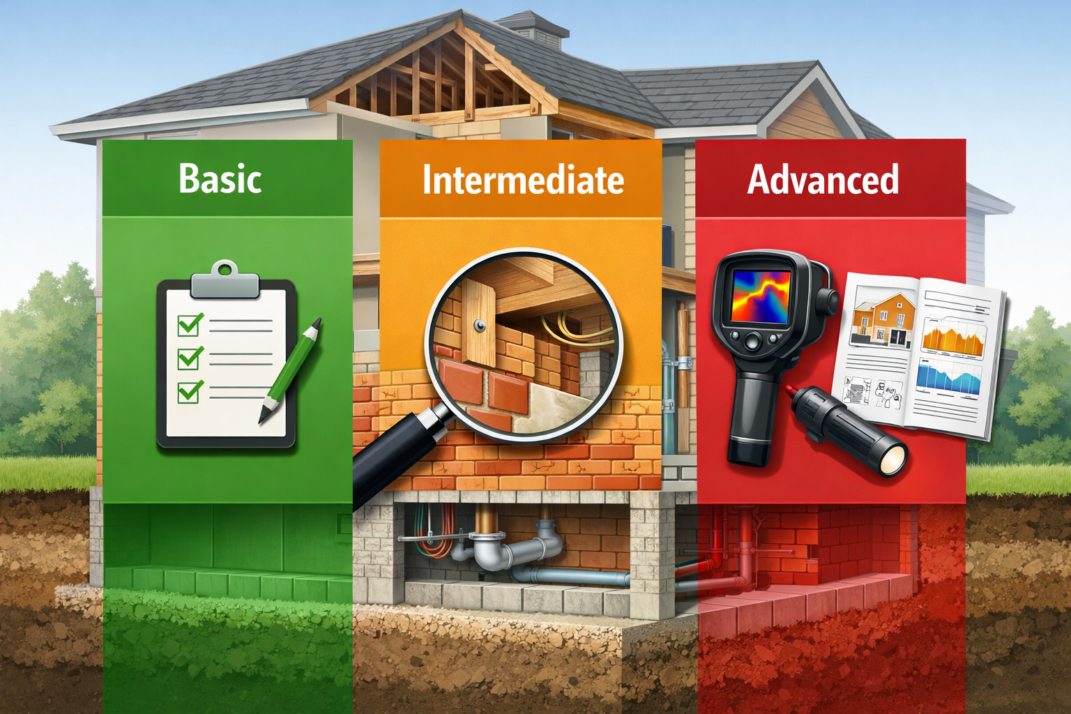 Landscape format (1536x1024) detailed infographic illustration showing three distinct survey levels side by side as vertical columns labeled