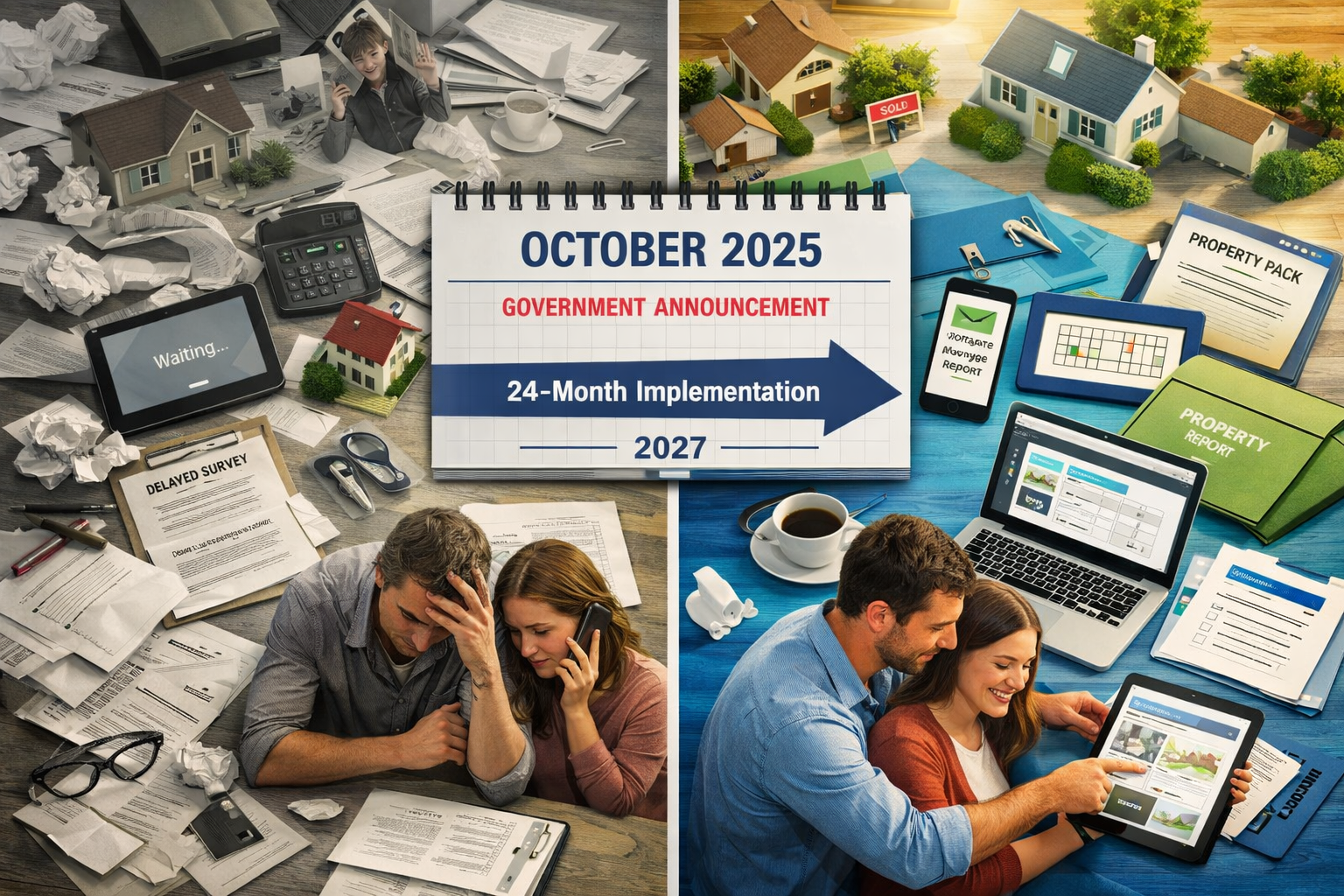 Landscape format (1536x1024) conceptual visualization of the UK government property transaction timeline showing before and after reform imp
