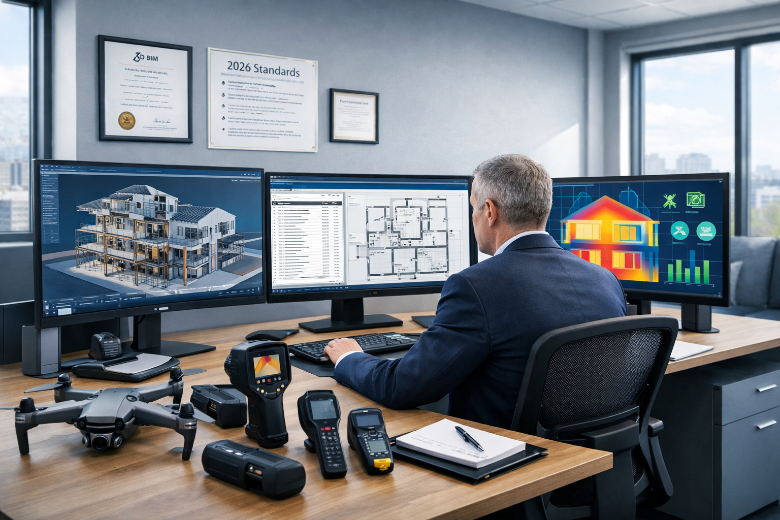 Landscape format (1536x1024) modern professional scene inside a surveyor's office showing adaptation to new standards and technology integra
