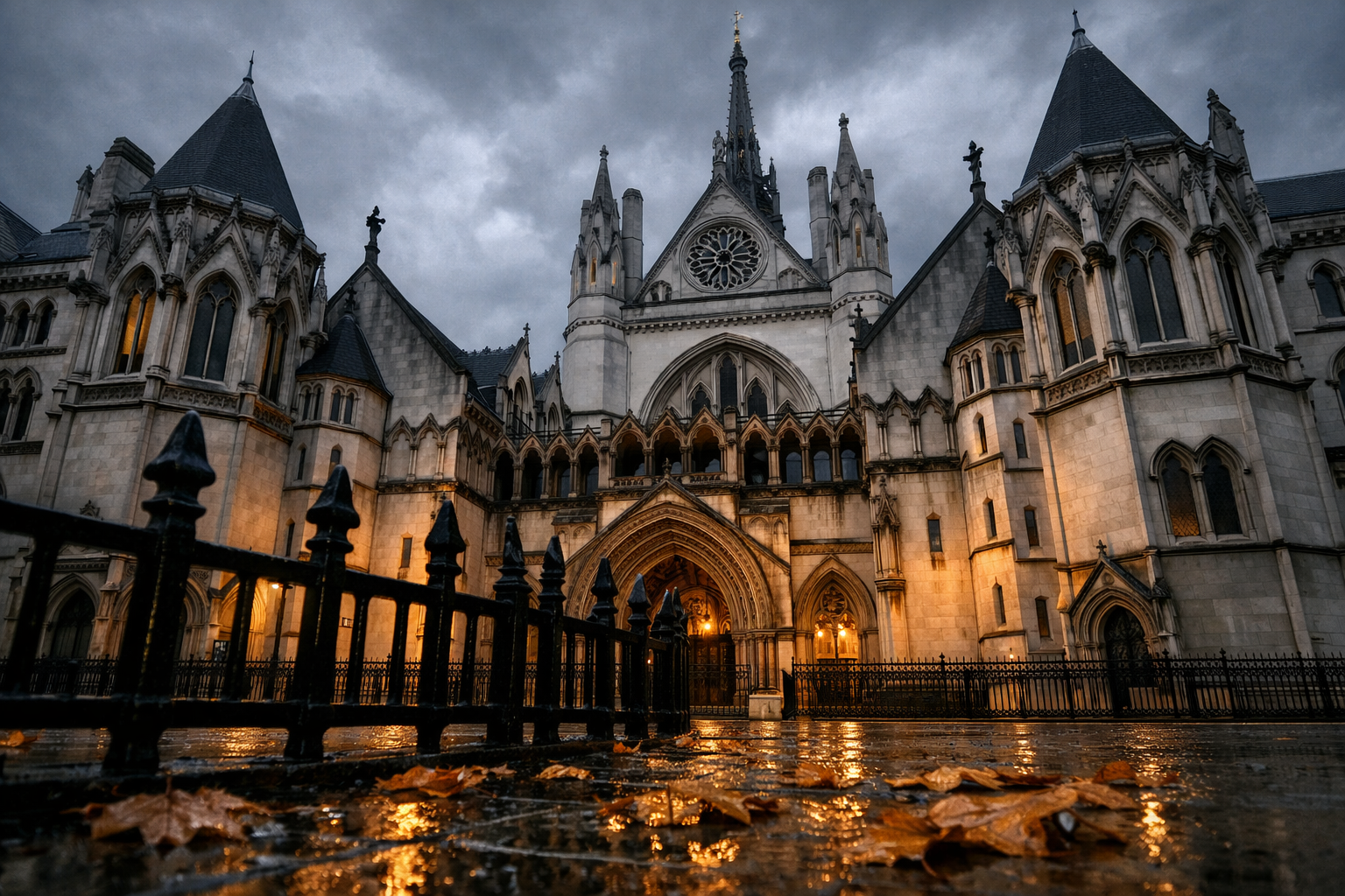 Photorealistic () image of the Royal Courts of Justice on The Strand, London, photographed from street level at a low angle