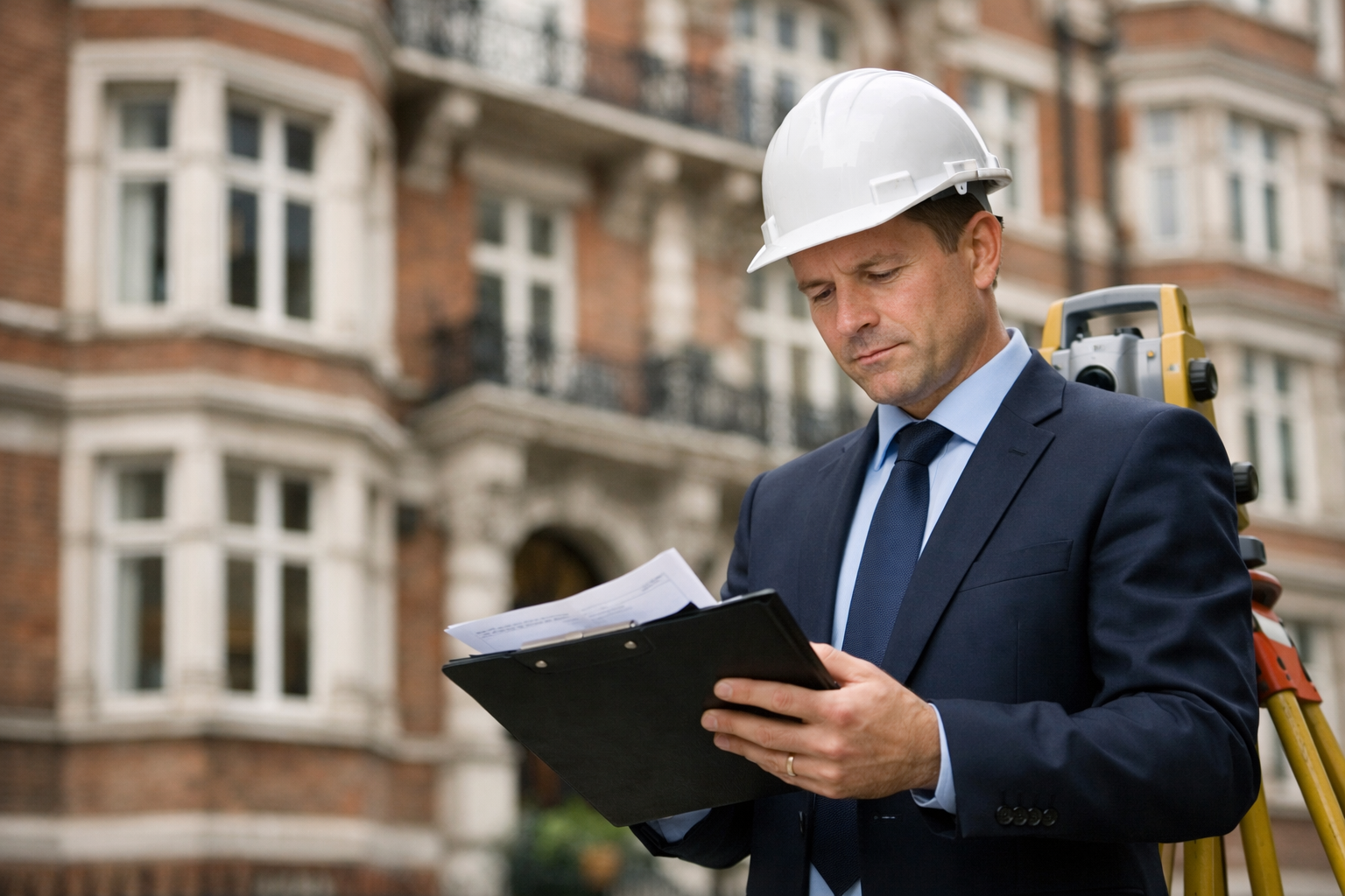 Photorealistic () image of a RICS-regulated male chartered surveyor in his 40s wearing a navy suit and hard hat, standing