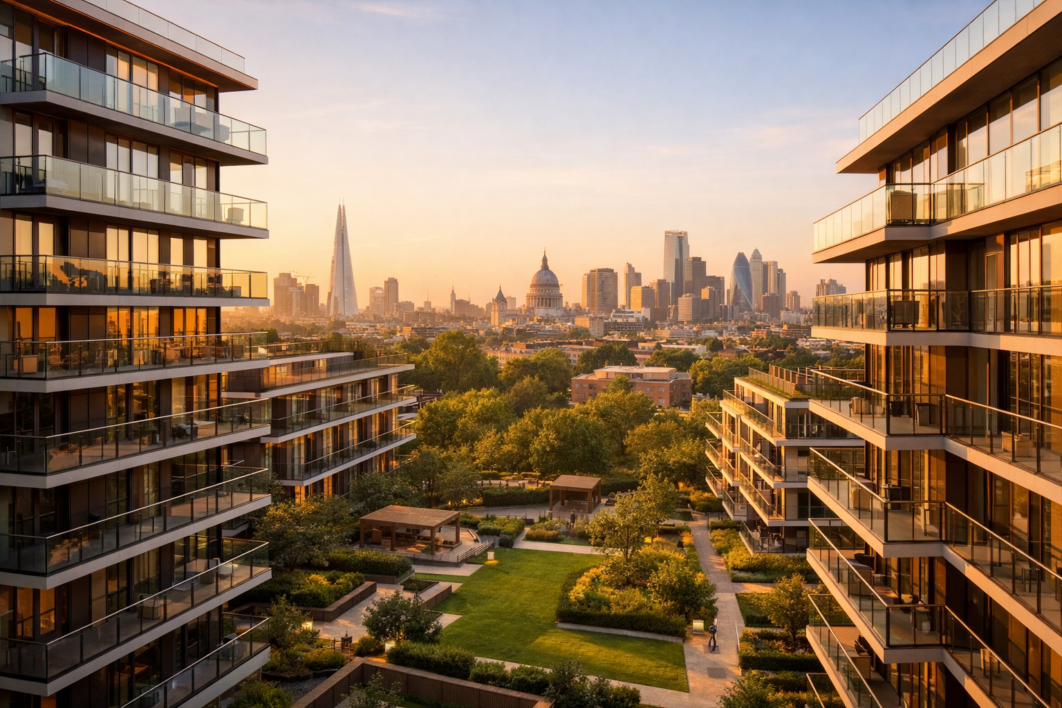 Photorealistic () aerial-perspective wide shot of a modern London apartment complex with clean contemporary architecture,