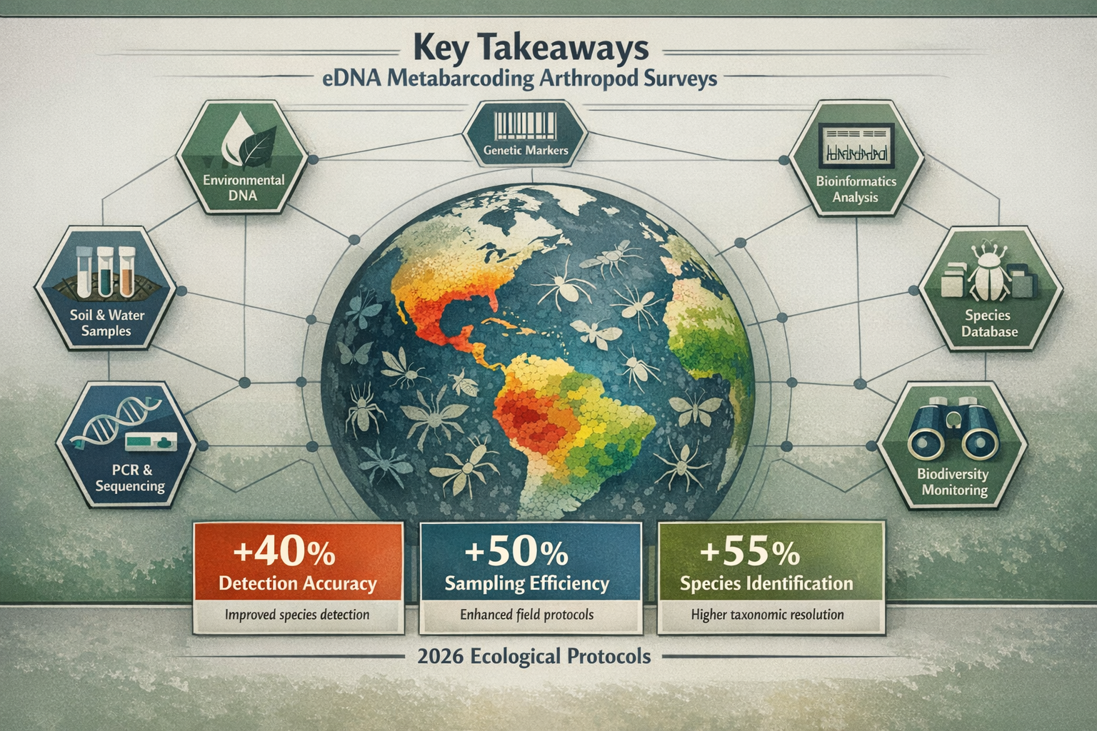 A visually compelling infographic displaying 'Key Takeaways' for eDNA Metabarcoding Arthropod Surveys, featuring hexagonal