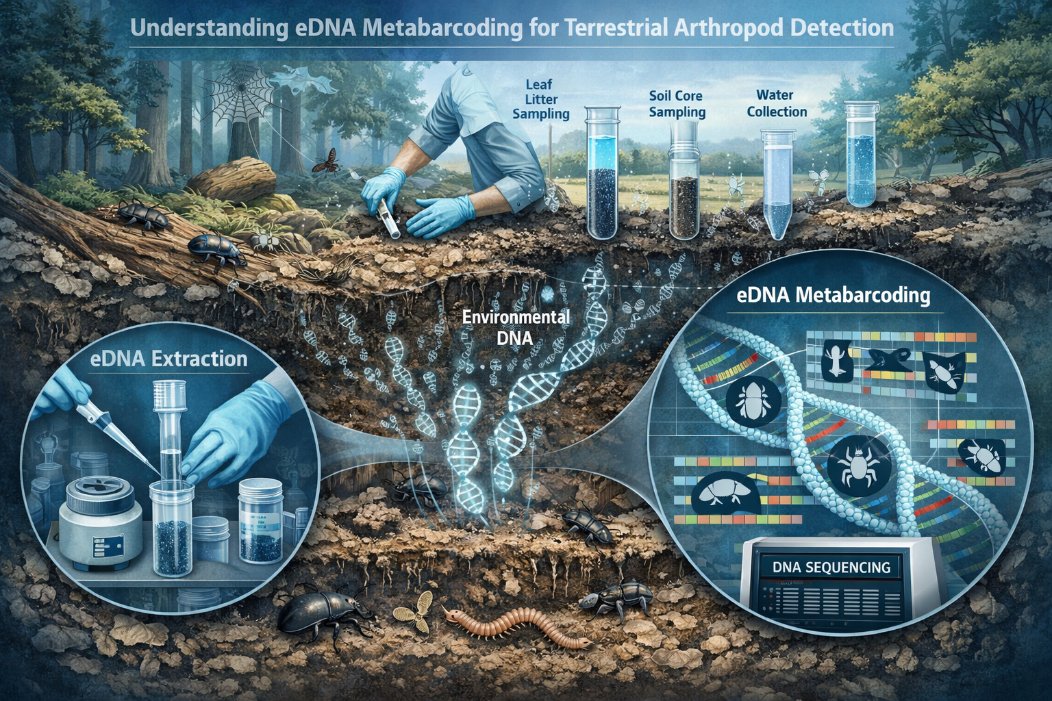Detailed scientific illustration visualizing 'Understanding eDNA Metabarcoding for Terrestrial Arthropod Detection',