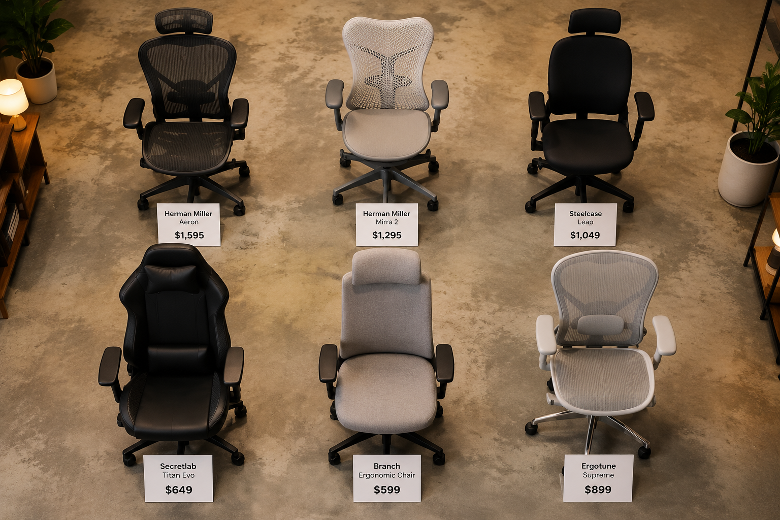 Top Ergonomic Office Chairs Tech Startups Swear By in 2026 Landscape format (1536x1024) editorial image showing a flat-lay overhead comparison of six distinct premium ergonomic office chairs arranged in a grid pattern on a polished concrete floor, each chair labeled with a small white card showing model name and price tag. Chairs vary in style: mesh-back, foam-cushioned, gaming-style hybrid, and minimalist designs. Warm studio lighting, tech startup aesthetic, clean white background with subtle shadow detail, product photography quality, sharp focus on lumbar support and armrest features.