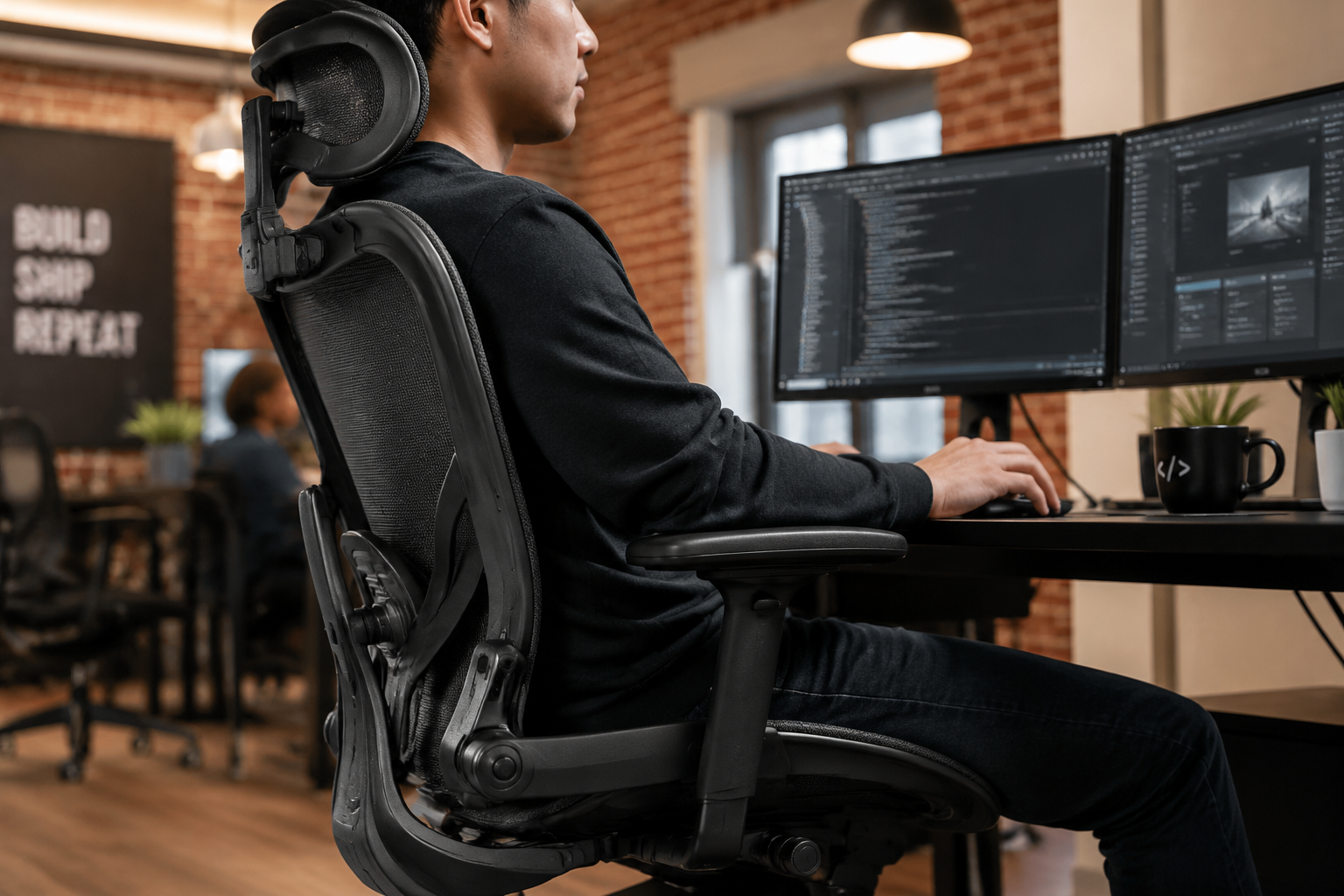 Top Ergonomic Office Chairs Tech Startups Swear By in 2026 Landscape format (1536x1024) close-up editorial image of a tech startup employee seated in a modern ergonomic mesh office chair at a dual-monitor workstation, viewed from a low side angle. The worker is in a relaxed upright posture with lumbar support visible, adjustable armrests at elbow height, and a headrest cradling the neck. Background shows a blurred open-plan startup office with exposed brick walls and pendant lighting. Color palette: charcoal, white, and warm amber tones. Sharp foreground detail on chair adjustment mechanisms.