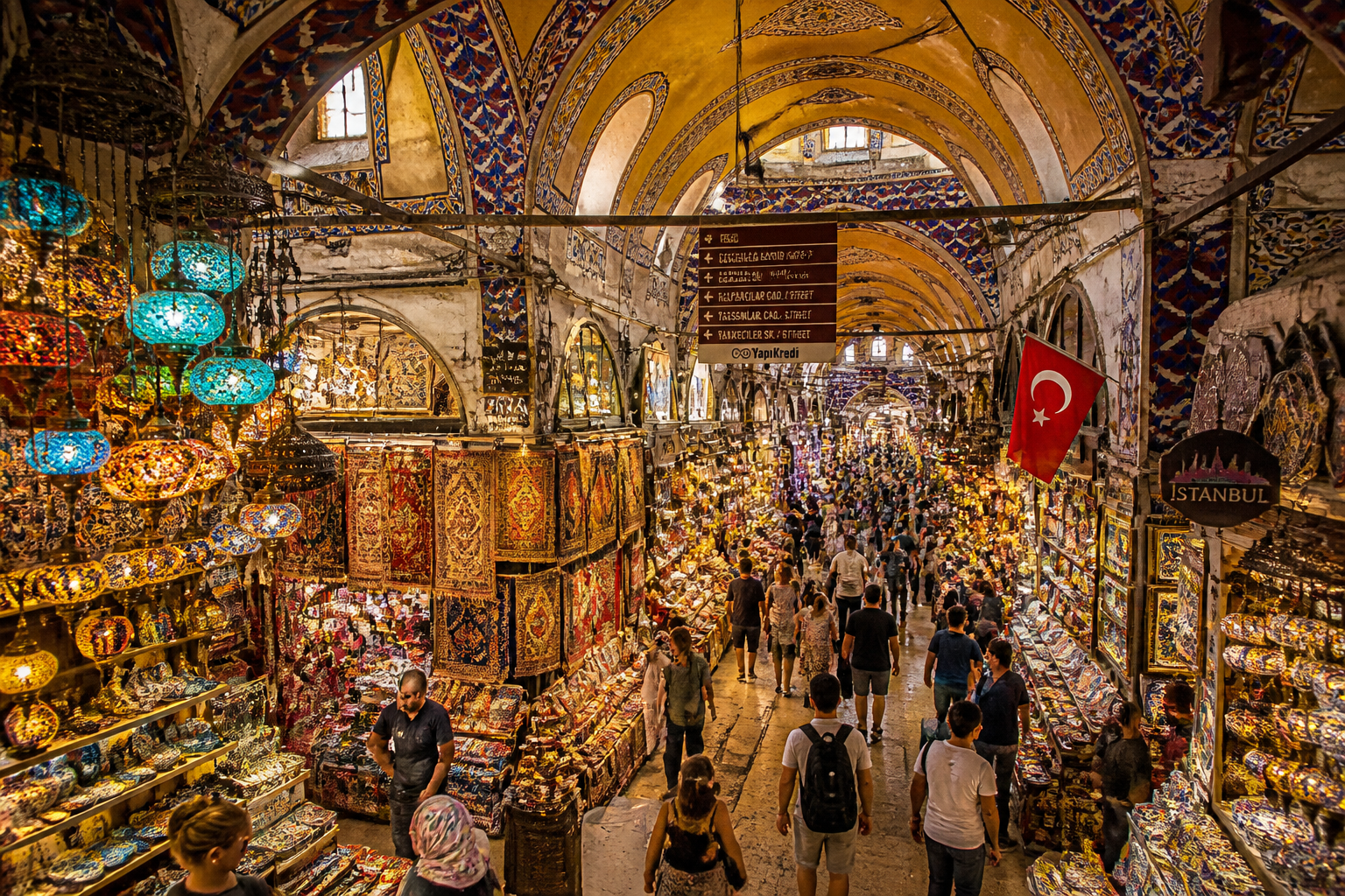 Wide-angle aerial view of the Grand Bazaar Istanbul interior showing 61 covered streets packed with colorful shops, hanging