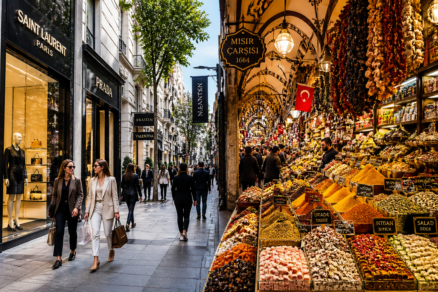 Stylish split-scene landscape image showing Istanbul's modern Nişantaşı shopping district on the left with sleek designer