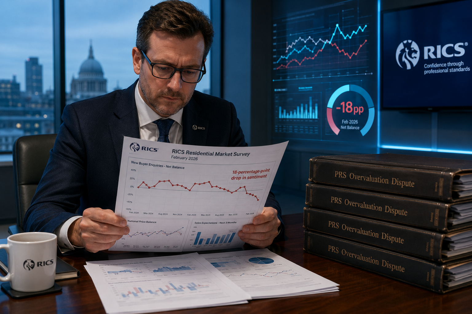 Wide-angle editorial photograph of a RICS-accredited surveyor in formal attire reviewing printed February 2026 RICS