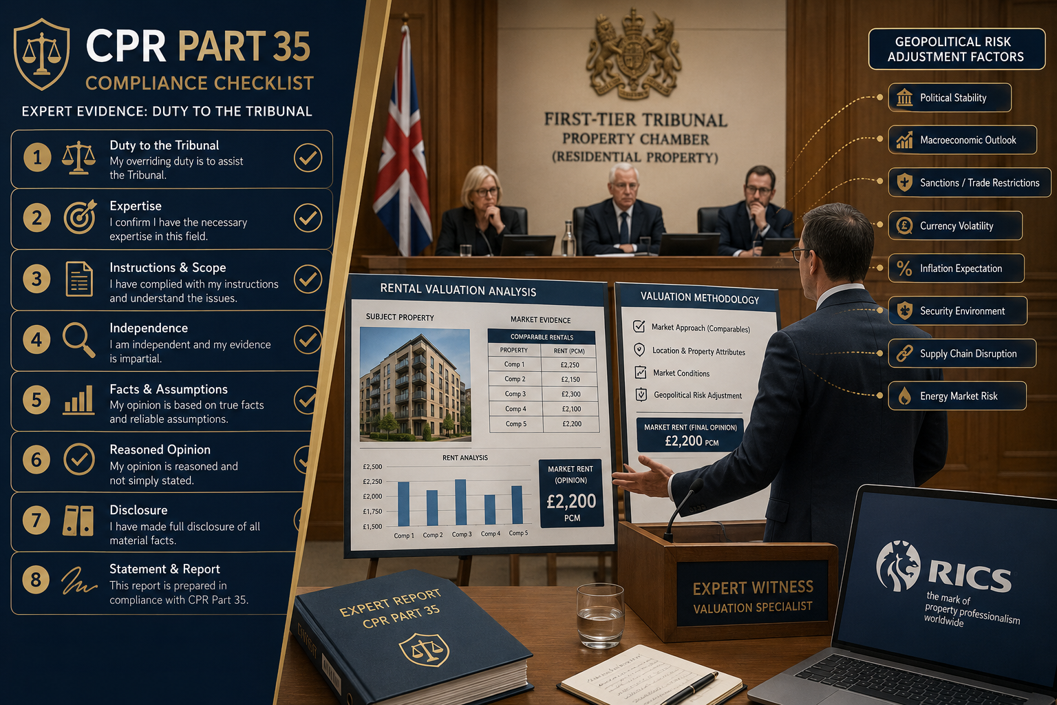 Split-composition infographic-style illustration showing CPR Part 35 compliance checklist on the left panel alongside a UK