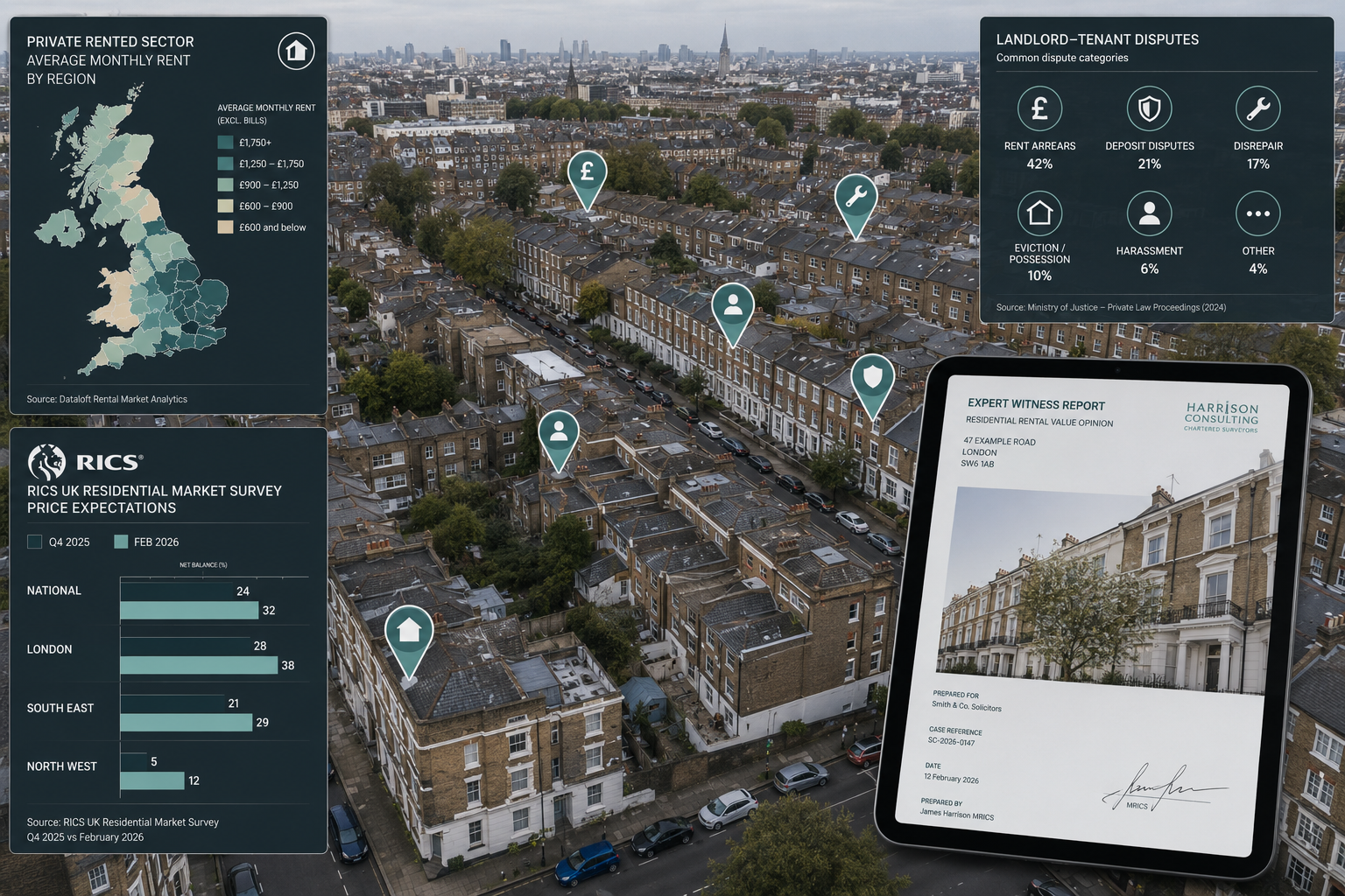Aerial bird's-eye-view photograph of a London private rented sector residential street with overlaid data dashboard showing