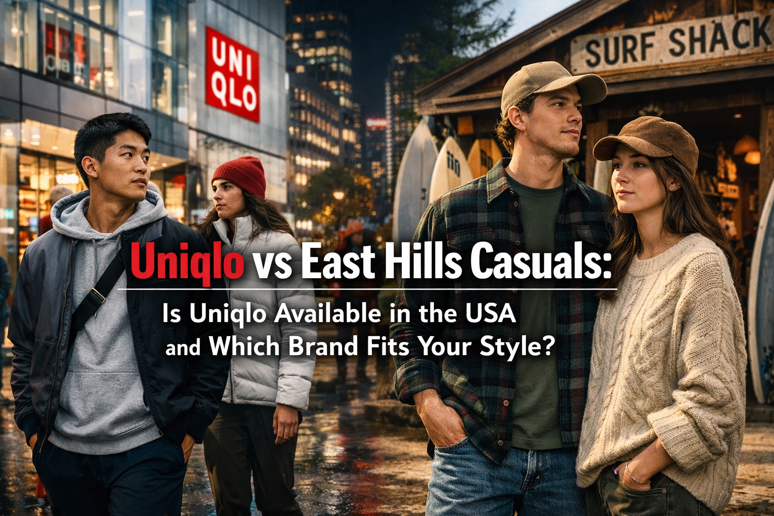 Professional landscape hero image (1536x1024) with bold text overlay: "Uniqlo vs East Hills Casuals: Is Uniqlo Available in the USA and Whic
