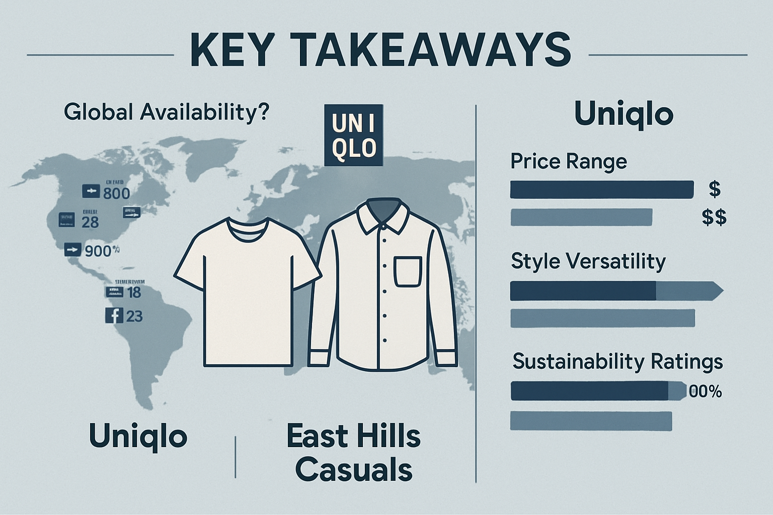 Key Takeaways section infographic featuring a split-screen layout comparing Uniqlo and East Hills Casuals. Left side displays global map hig