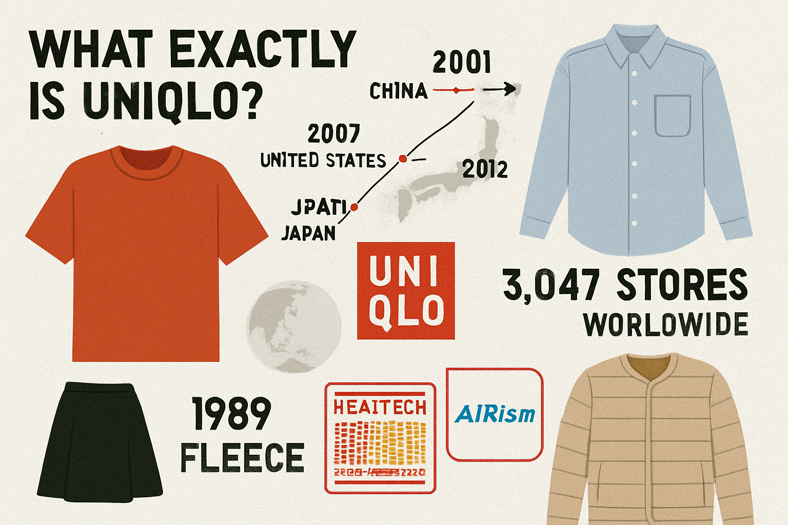 Section 2 visual exploring 'What Exactly Is Uniqlo' with a dynamic composition showing brand evolution. Central image features a timeline of