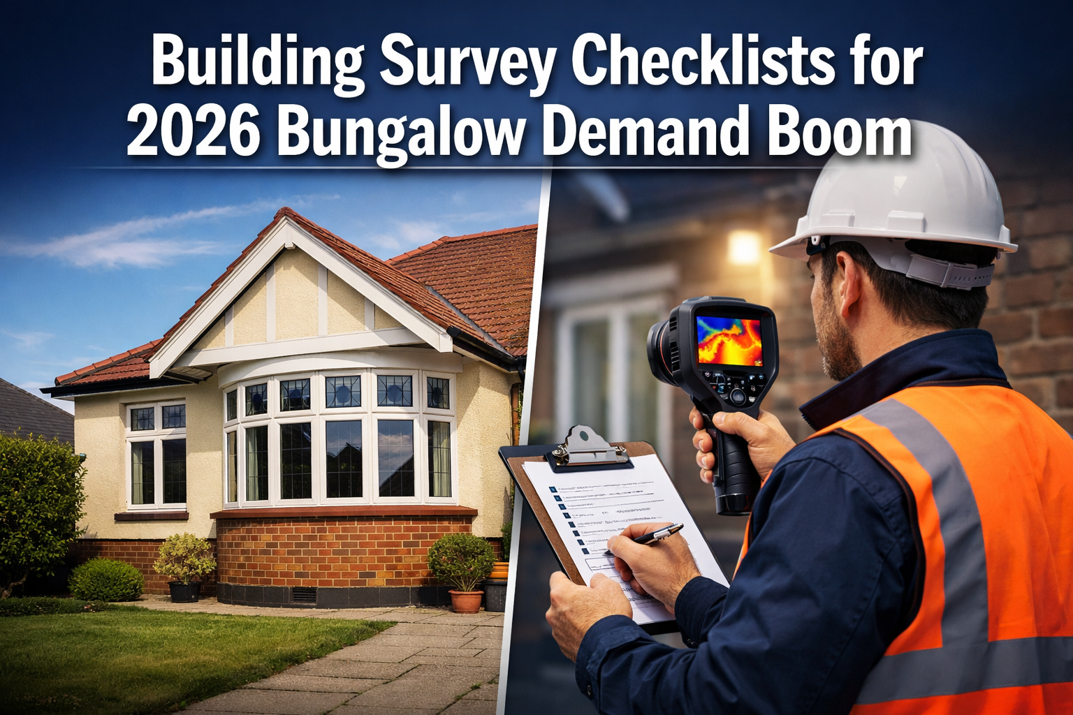 Professional landscape format (1536x1024) hero image featuring bold text overlay 'Building Survey Checklists for 2026 Bungalow Demand Boom' 