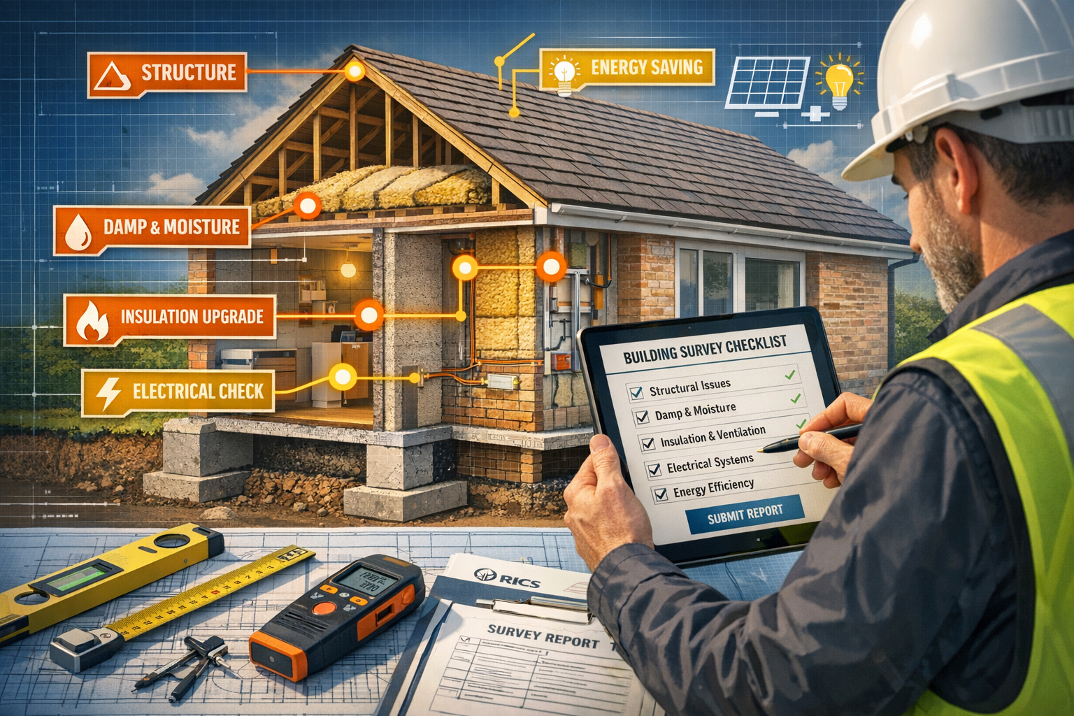 Detailed landscape format (1536x1024) image showing comprehensive building survey checklist being completed on digital tablet held by profes