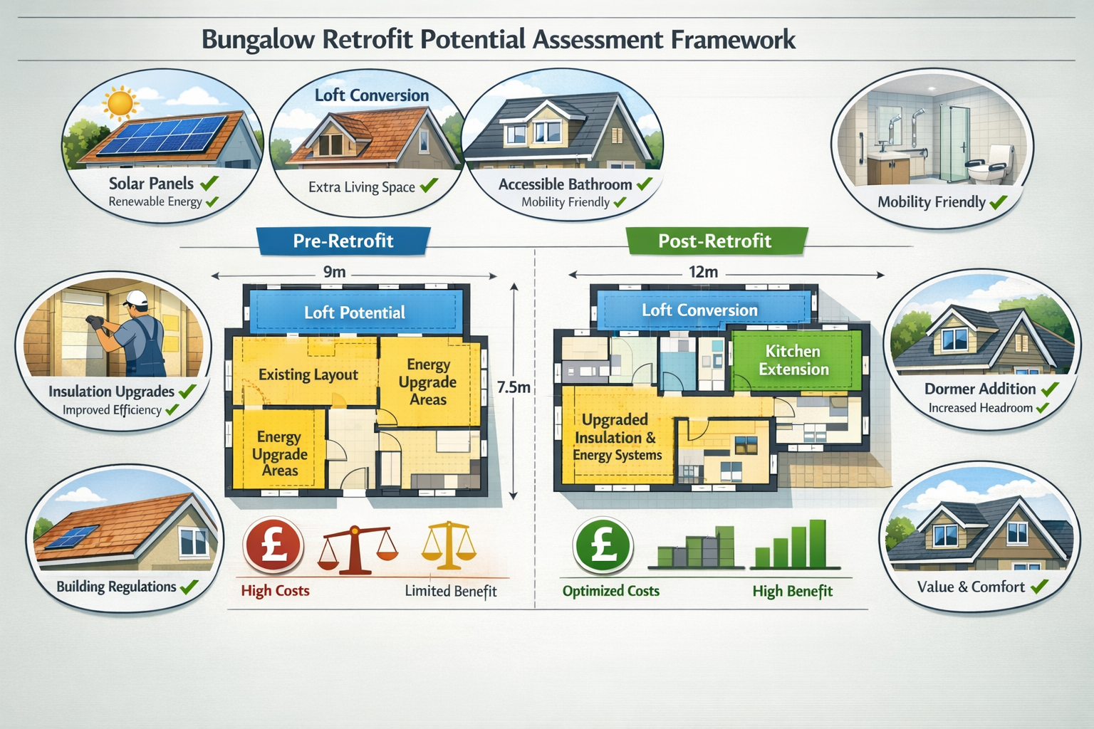 Landscape format (1536x1024) detailed infographic illustration showing bungalow retrofit potential assessment framework. Central image featu