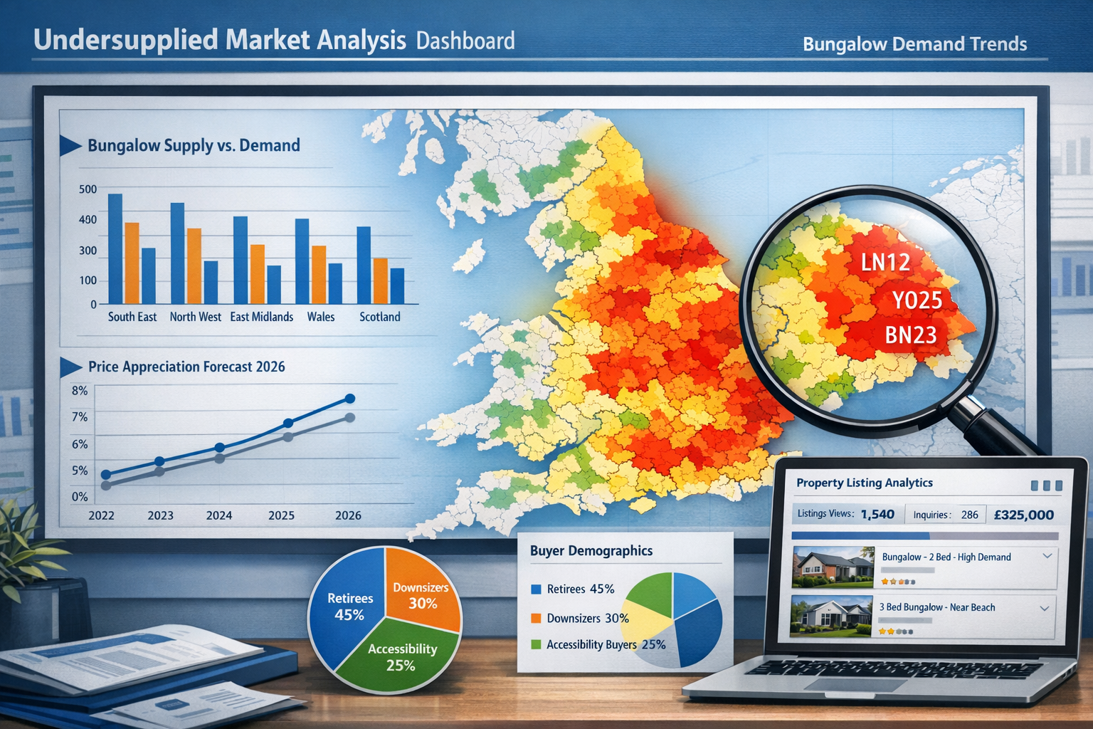 Landscape format (1536x1024) image depicting undersupplied market analysis dashboard with focus on bungalow demand trends. Main visual shows
