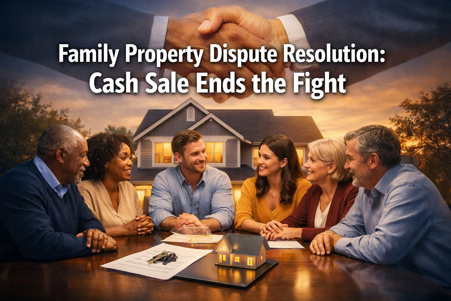 Professional landscape format (1536x1024) hero image featuring bold text overlay 'Family Property Dispute Resolution: Cash Sale Ends the Fig