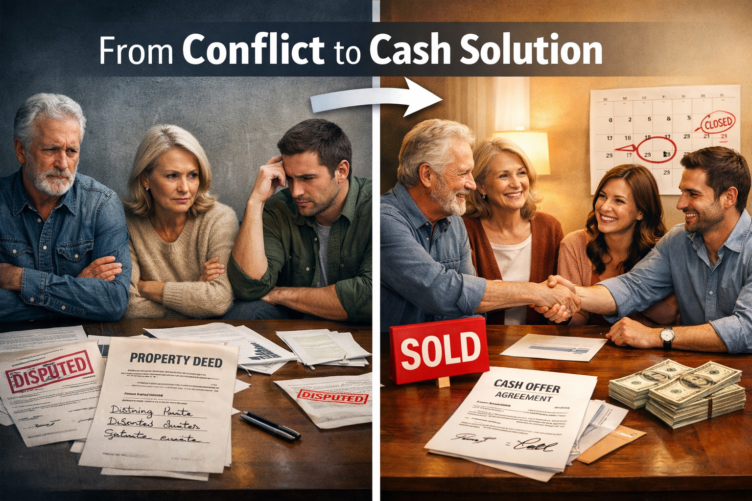 Landscape format (1536x1024) editorial image showing split-screen composition: left side depicts tense family meeting with frustrated expres